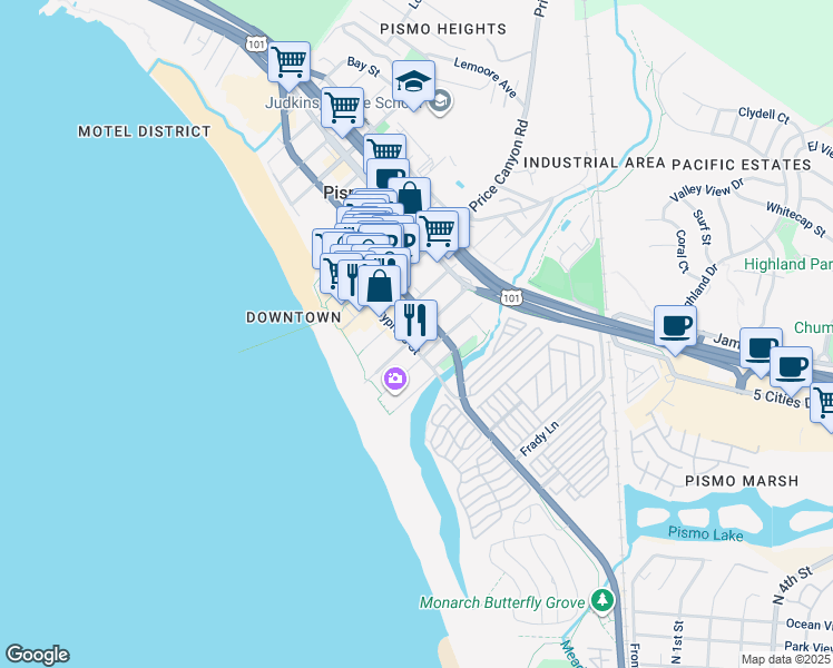 map of restaurants, bars, coffee shops, grocery stores, and more near 317 Ocean View Avenue in Pismo Beach