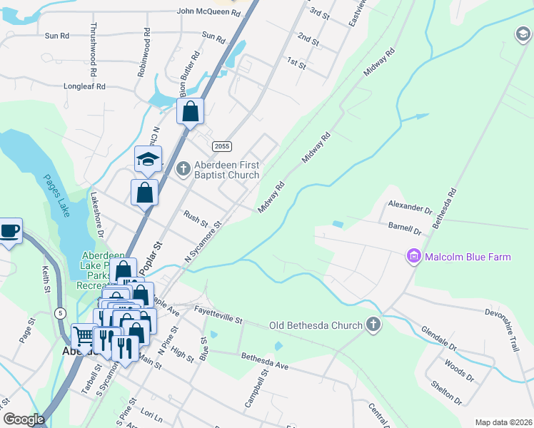 map of restaurants, bars, coffee shops, grocery stores, and more near 163 Midway Road in Aberdeen