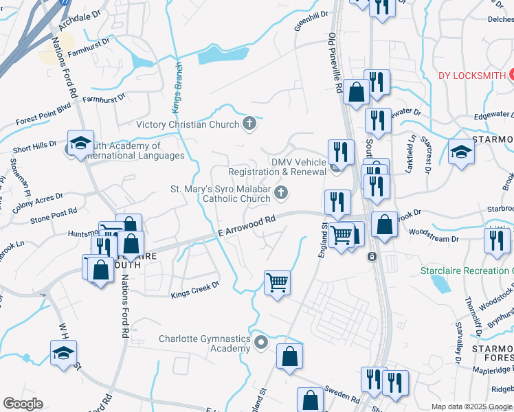 map of restaurants, bars, coffee shops, grocery stores, and more near 7809 Old Pineville Road in Charlotte