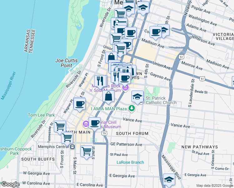 map of restaurants, bars, coffee shops, grocery stores, and more near in Memphis