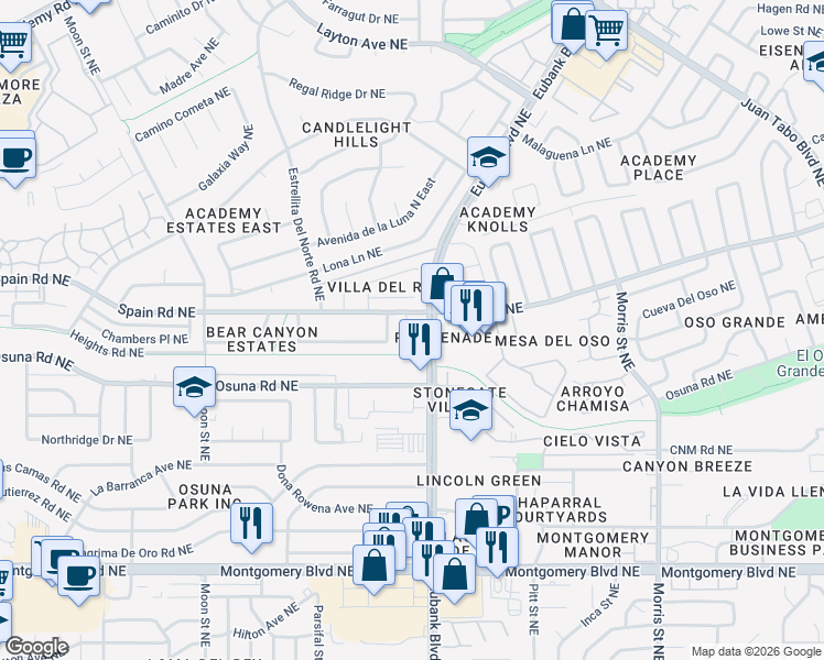 map of restaurants, bars, coffee shops, grocery stores, and more near 9616 Paseo Del Rey Northeast in Albuquerque