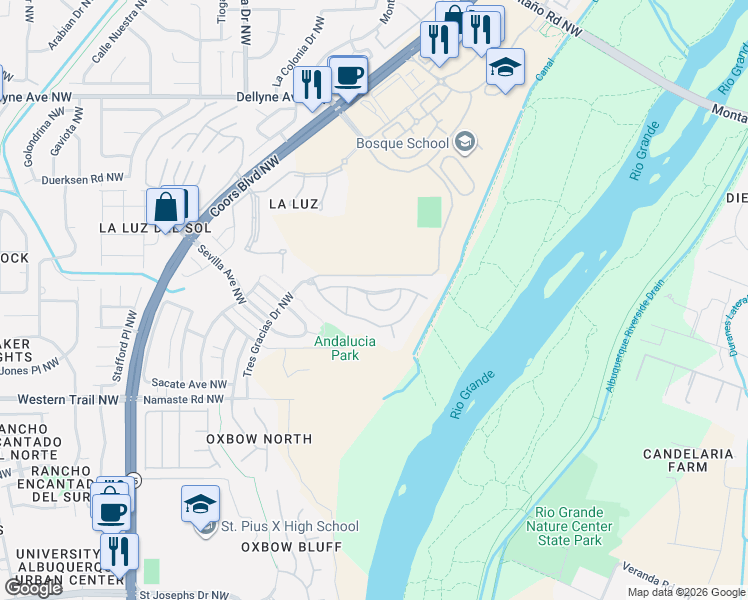 map of restaurants, bars, coffee shops, grocery stores, and more near 4901 Valle Rio Trail in Albuquerque