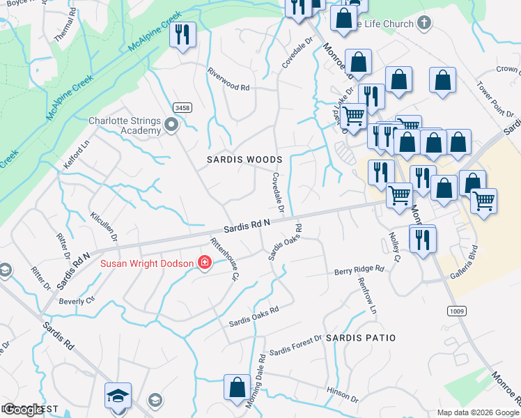map of restaurants, bars, coffee shops, grocery stores, and more near 9625 Watergate Road in Charlotte