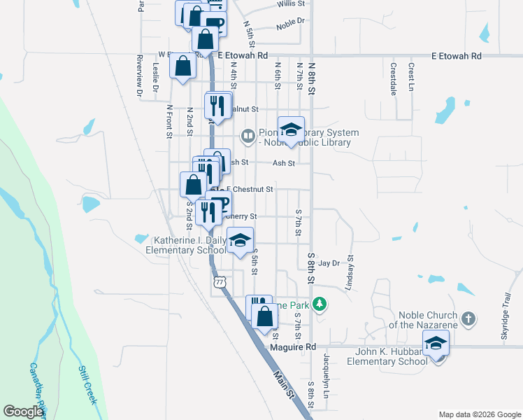 map of restaurants, bars, coffee shops, grocery stores, and more near 111 South 5th Street in Noble