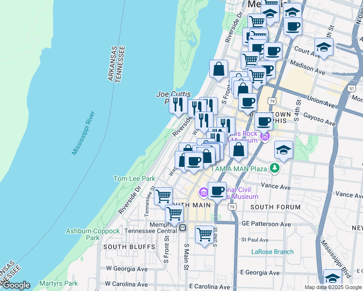map of restaurants, bars, coffee shops, grocery stores, and more near 7 Vance Avenue in Memphis