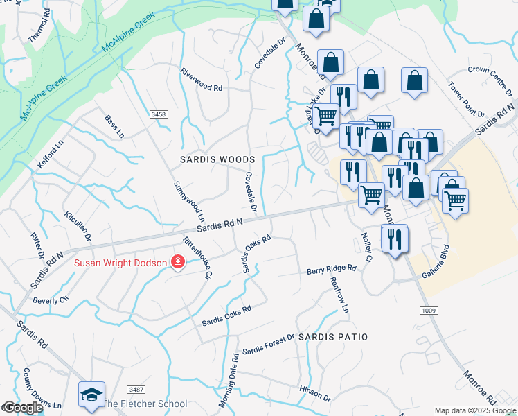 map of restaurants, bars, coffee shops, grocery stores, and more near 9707 Covedale Drive in Charlotte