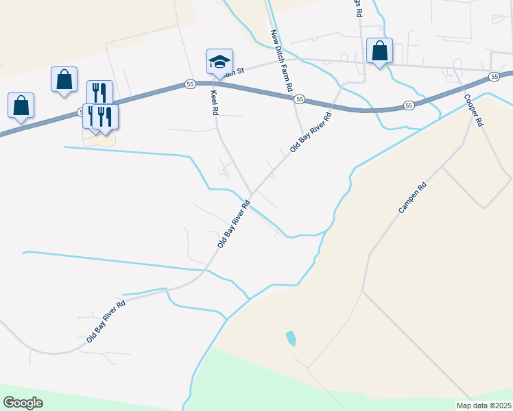 map of restaurants, bars, coffee shops, grocery stores, and more near 1446 Old Bay River Road in Grantsboro