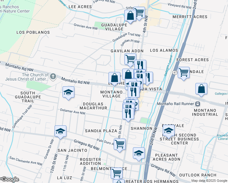 map of restaurants, bars, coffee shops, grocery stores, and more near 531 Montaño Road Northwest in Albuquerque