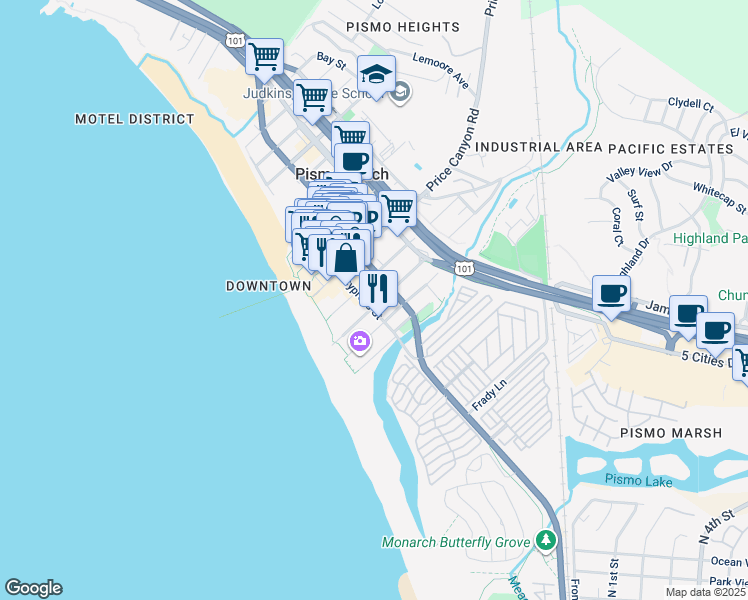 map of restaurants, bars, coffee shops, grocery stores, and more near 55 Stimson Avenue in Pismo Beach