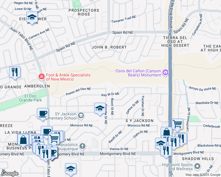 map of restaurants, bars, coffee shops, grocery stores, and more near 5016 Basin Street Northeast in Albuquerque