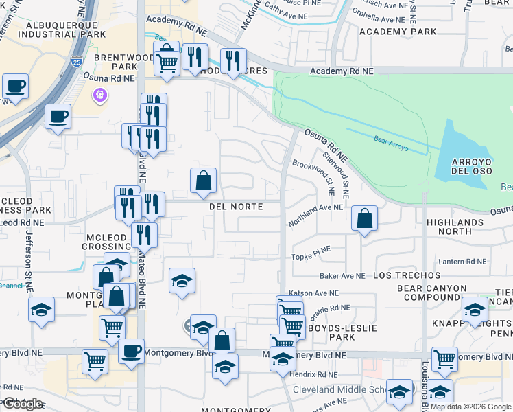 map of restaurants, bars, coffee shops, grocery stores, and more near 6100 Lejano Avenue Northeast in Albuquerque