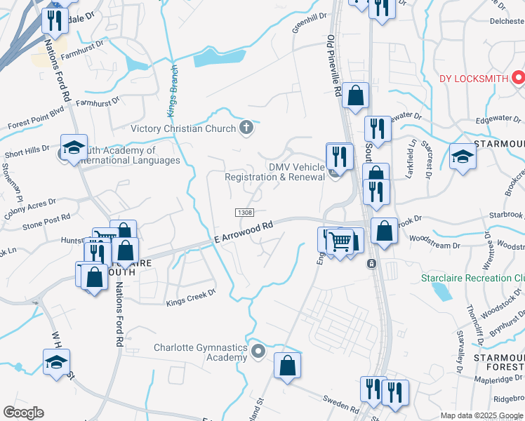 map of restaurants, bars, coffee shops, grocery stores, and more near 516 Arrowhawk Drive in Charlotte