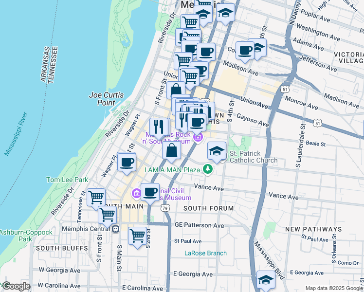 map of restaurants, bars, coffee shops, grocery stores, and more near 145 Lt. George W Lee Avenue in Memphis