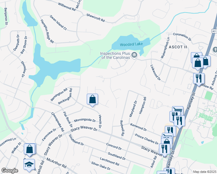 map of restaurants, bars, coffee shops, grocery stores, and more near 5815 Cherrystone Drive in Fayetteville