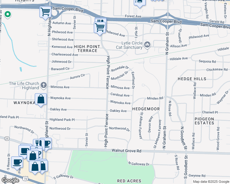 map of restaurants, bars, coffee shops, grocery stores, and more near 3780 Mimosa Avenue in Memphis