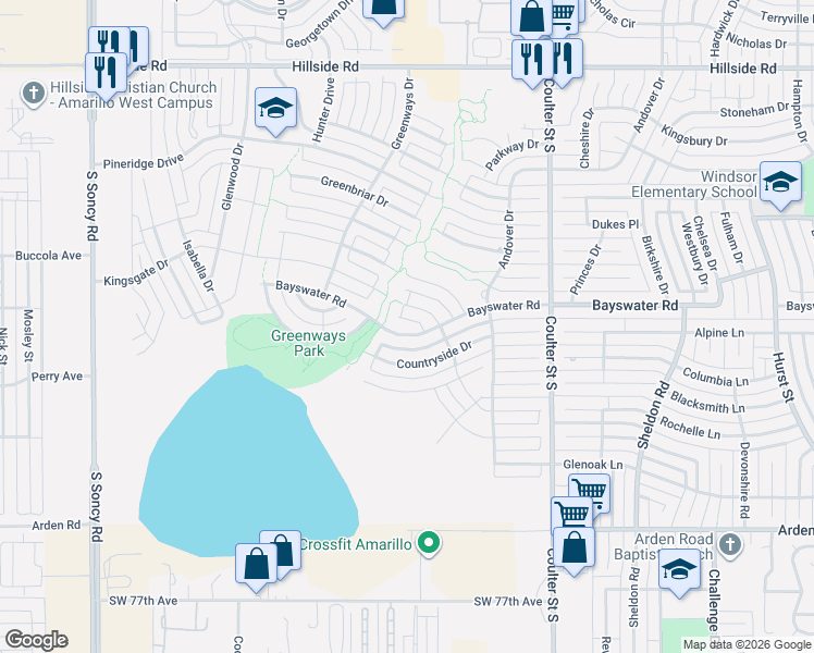 map of restaurants, bars, coffee shops, grocery stores, and more near 7604 Southwood Drive in Amarillo
