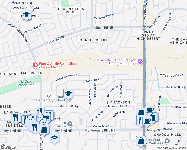 map of restaurants, bars, coffee shops, grocery stores, and more near 5016 Basin Street Northeast in Albuquerque