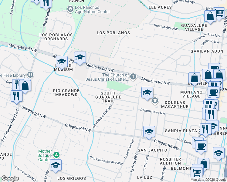 map of restaurants, bars, coffee shops, grocery stores, and more near 1516 Douglas Macarthur Road Northwest in Albuquerque