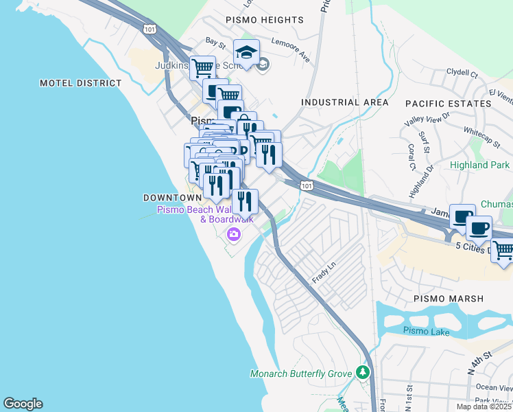 map of restaurants, bars, coffee shops, grocery stores, and more near 317 Ocean View Avenue in Pismo Beach