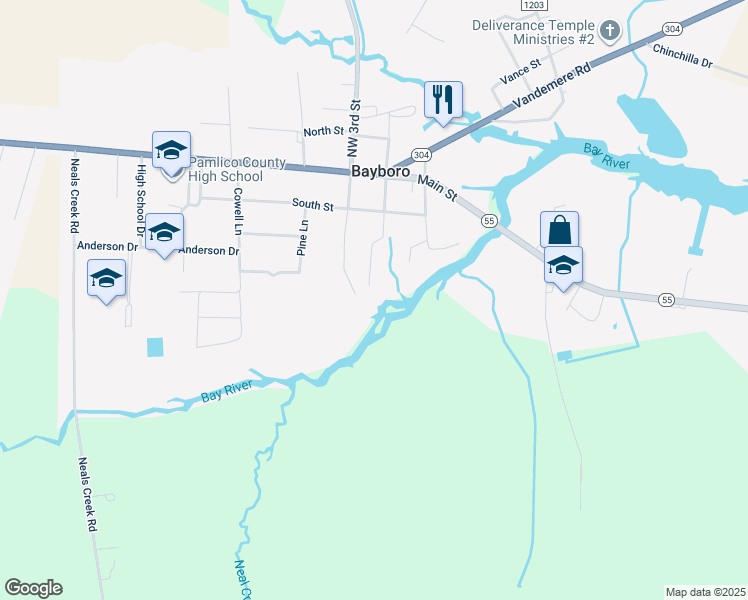 map of restaurants, bars, coffee shops, grocery stores, and more near 209 South Street in Bayboro