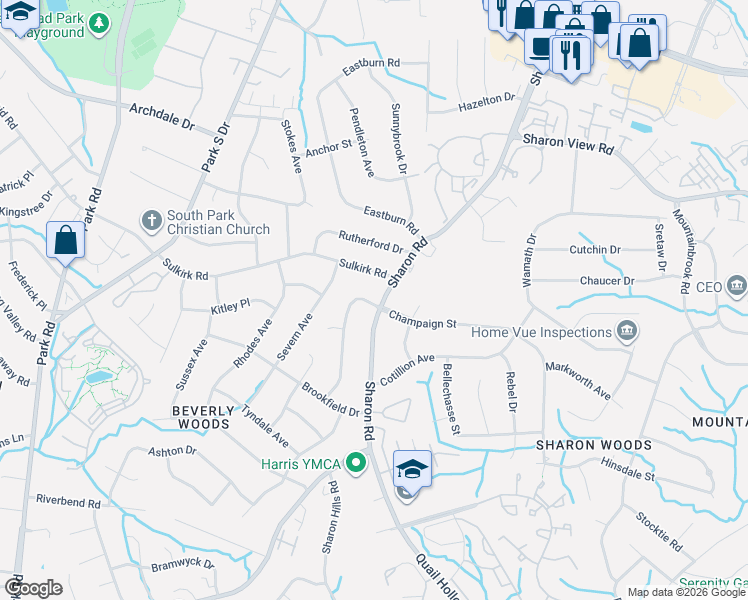map of restaurants, bars, coffee shops, grocery stores, and more near 3620 Champaign Street in Charlotte