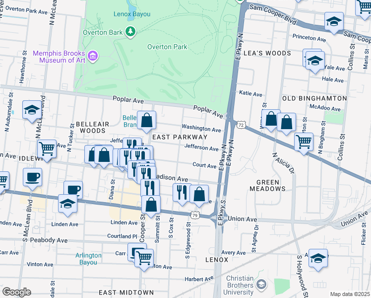 map of restaurants, bars, coffee shops, grocery stores, and more near 2234 Jefferson Avenue in Memphis