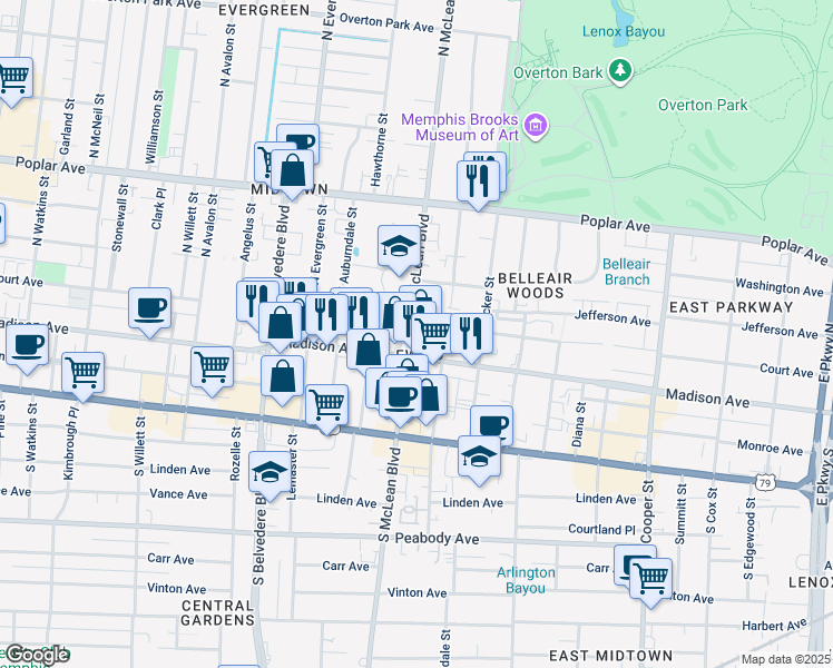 map of restaurants, bars, coffee shops, grocery stores, and more near 35 North McLean Boulevard in Memphis