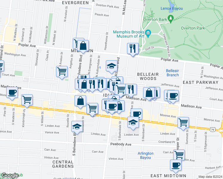 map of restaurants, bars, coffee shops, grocery stores, and more near 35 North McLean Boulevard in Memphis