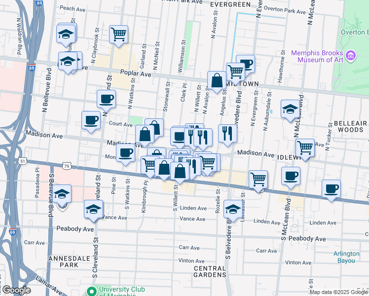 map of restaurants, bars, coffee shops, grocery stores, and more near 29 North Willett Street in Memphis