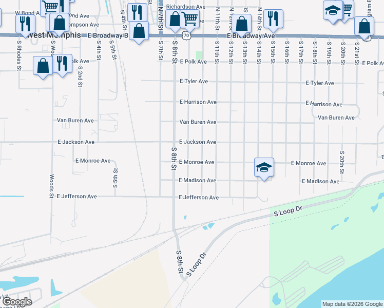 map of restaurants, bars, coffee shops, grocery stores, and more near 605 South 10th Street in West Memphis