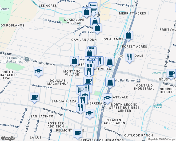 map of restaurants, bars, coffee shops, grocery stores, and more near 333 Montaño Road Northwest in Albuquerque