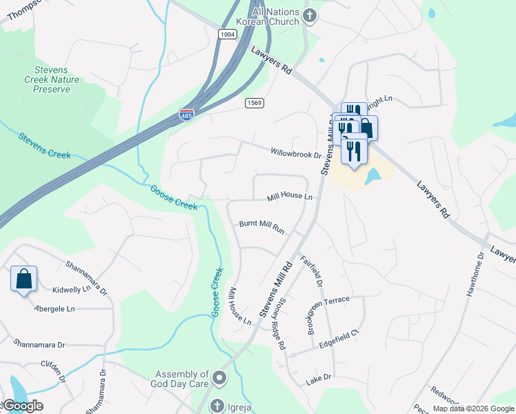 map of restaurants, bars, coffee shops, grocery stores, and more near 2357 Mill House Lane in Matthews