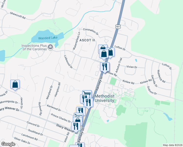 map of restaurants, bars, coffee shops, grocery stores, and more near 183 Aloha Drive in Fayetteville