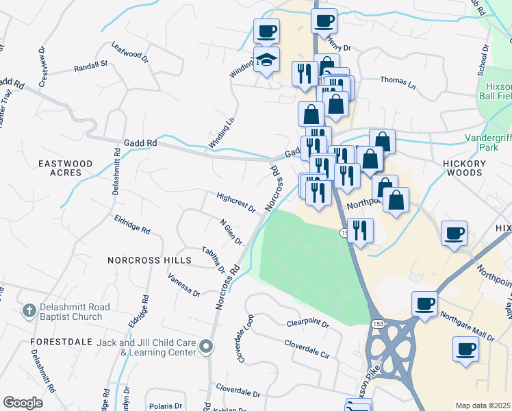 map of restaurants, bars, coffee shops, grocery stores, and more near 1303 Highcrest Drive in Chattanooga