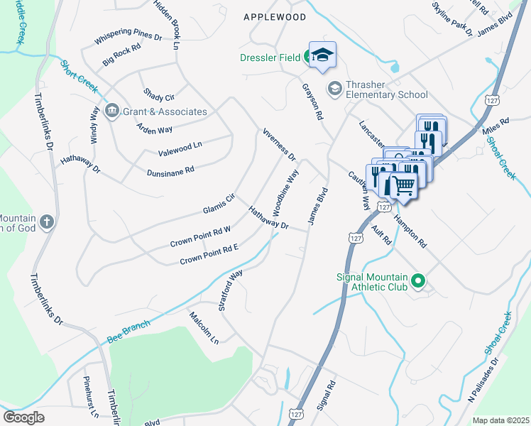 map of restaurants, bars, coffee shops, grocery stores, and more near 1104 Woodbine Way in Signal Mountain