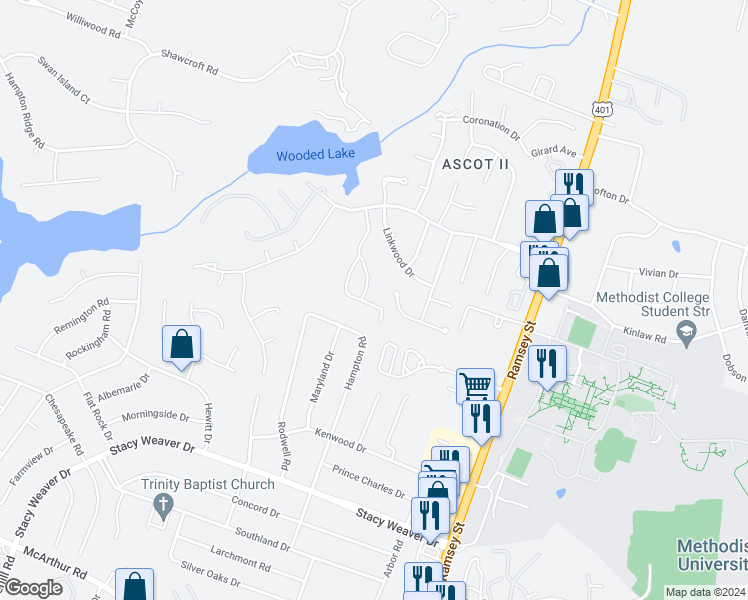 map of restaurants, bars, coffee shops, grocery stores, and more near 400 Bubble Creek Court in Fayetteville