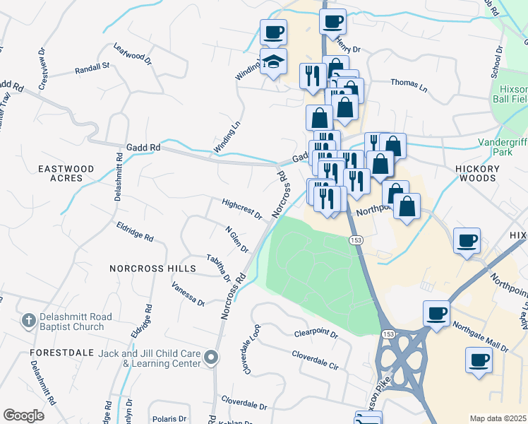 map of restaurants, bars, coffee shops, grocery stores, and more near 1303 Highcrest Drive in Chattanooga
