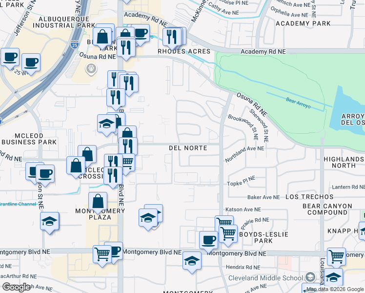 map of restaurants, bars, coffee shops, grocery stores, and more near in Albuquerque