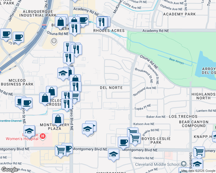 map of restaurants, bars, coffee shops, grocery stores, and more near 4612 Overland Street Northeast in Albuquerque