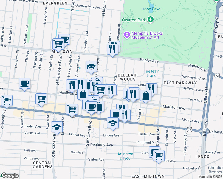map of restaurants, bars, coffee shops, grocery stores, and more near 57 North Tucker Street in Memphis