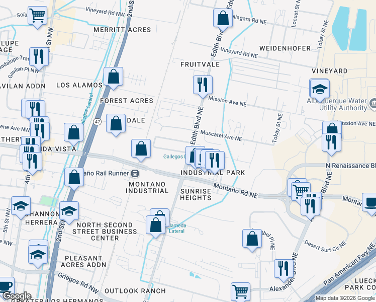 map of restaurants, bars, coffee shops, grocery stores, and more near 5801 Edith Boulevard Northeast in Albuquerque