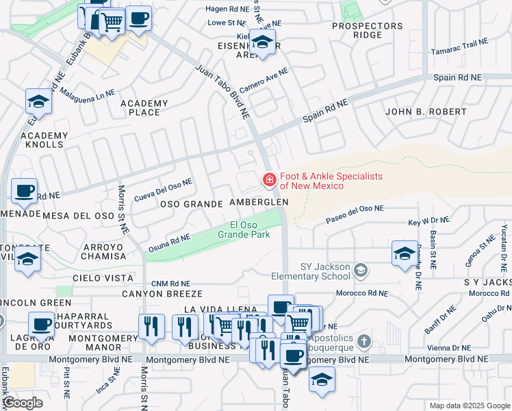 map of restaurants, bars, coffee shops, grocery stores, and more near 4916 Sereno Drive Northeast in Albuquerque