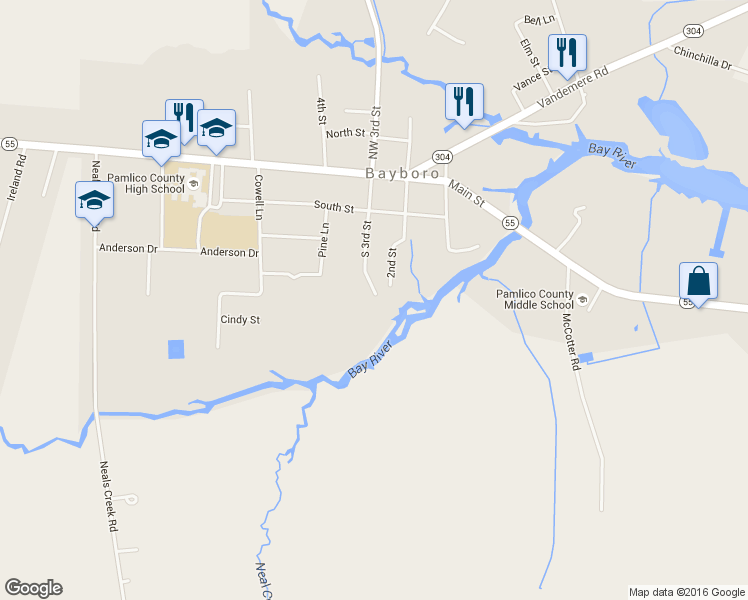 map of restaurants, bars, coffee shops, grocery stores, and more near 400 South 3rd Street in Bayboro