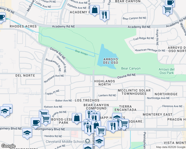 map of restaurants, bars, coffee shops, grocery stores, and more near Louisiana Boulevard Northeast in Albuquerque