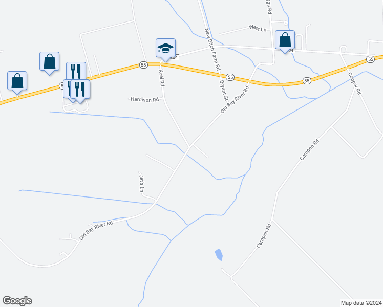 map of restaurants, bars, coffee shops, grocery stores, and more near 1446 Old Bay River Road in Grantsboro
