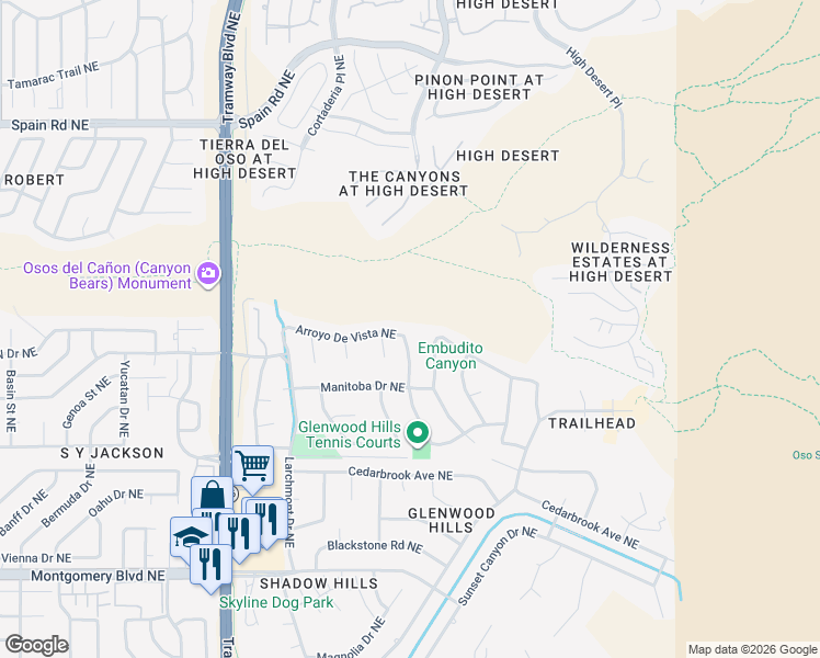 map of restaurants, bars, coffee shops, grocery stores, and more near 13035 Arroyo De Vista Northeast in Albuquerque
