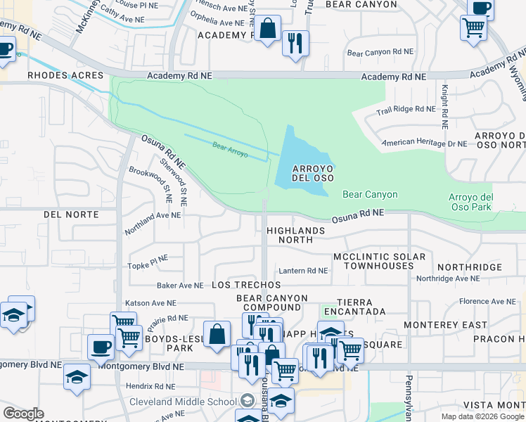 map of restaurants, bars, coffee shops, grocery stores, and more near 4801-4899 Louisiana Blvd NE in Albuquerque