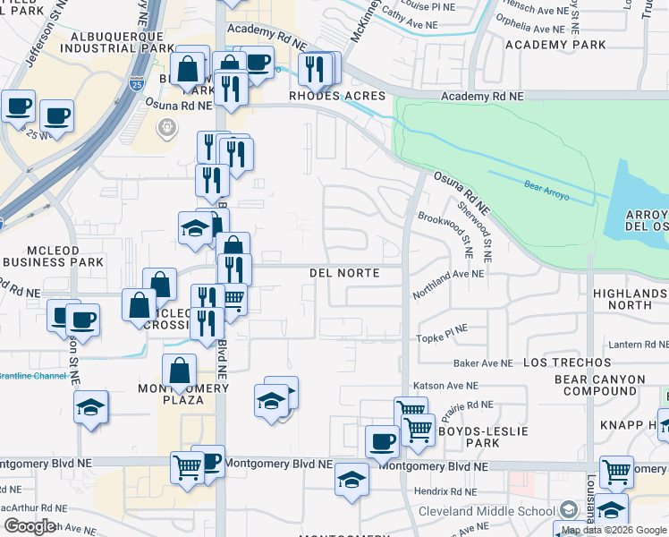map of restaurants, bars, coffee shops, grocery stores, and more near in Albuquerque