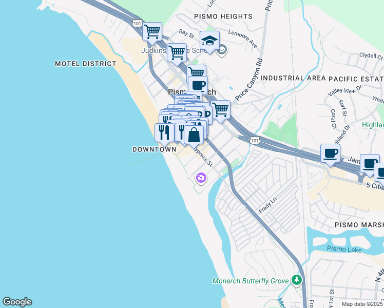map of restaurants, bars, coffee shops, grocery stores, and more near 601 Cypress Street in Pismo Beach