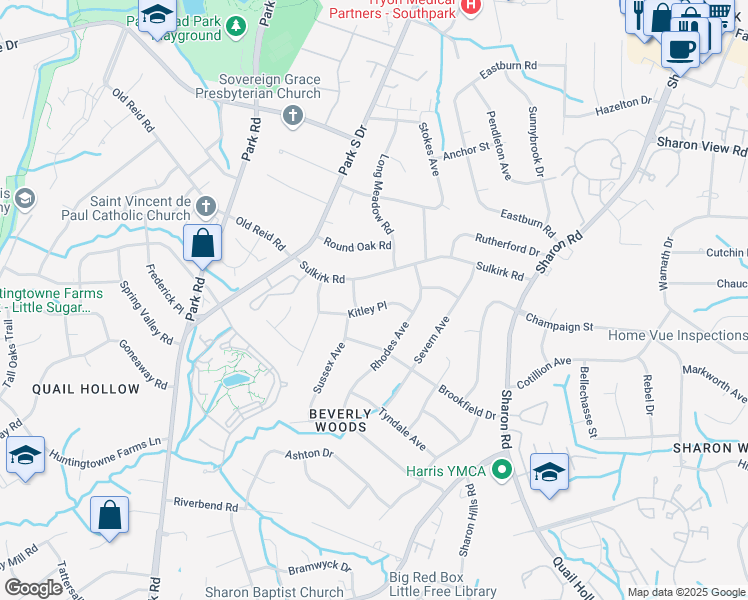 map of restaurants, bars, coffee shops, grocery stores, and more near 3700 Sulkirk Road in Charlotte